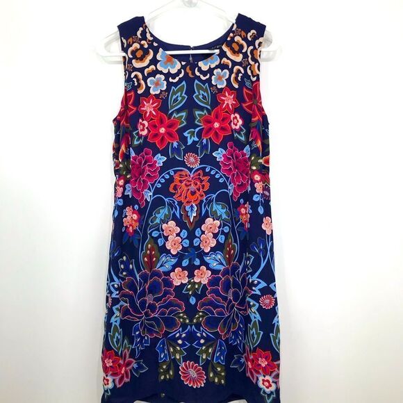 Sangria Navy Blue Colorful Floral Sleeveless Shift Dress - Picture 1 of 14